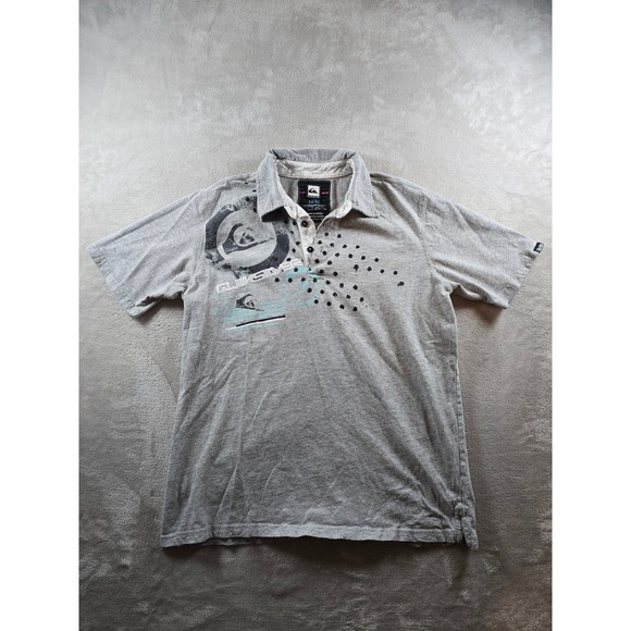 Quiksilver Polo Shirt Mens Gray Y2K Short Sleeve Graphic Print Surf Skate - Picture 4 of 8